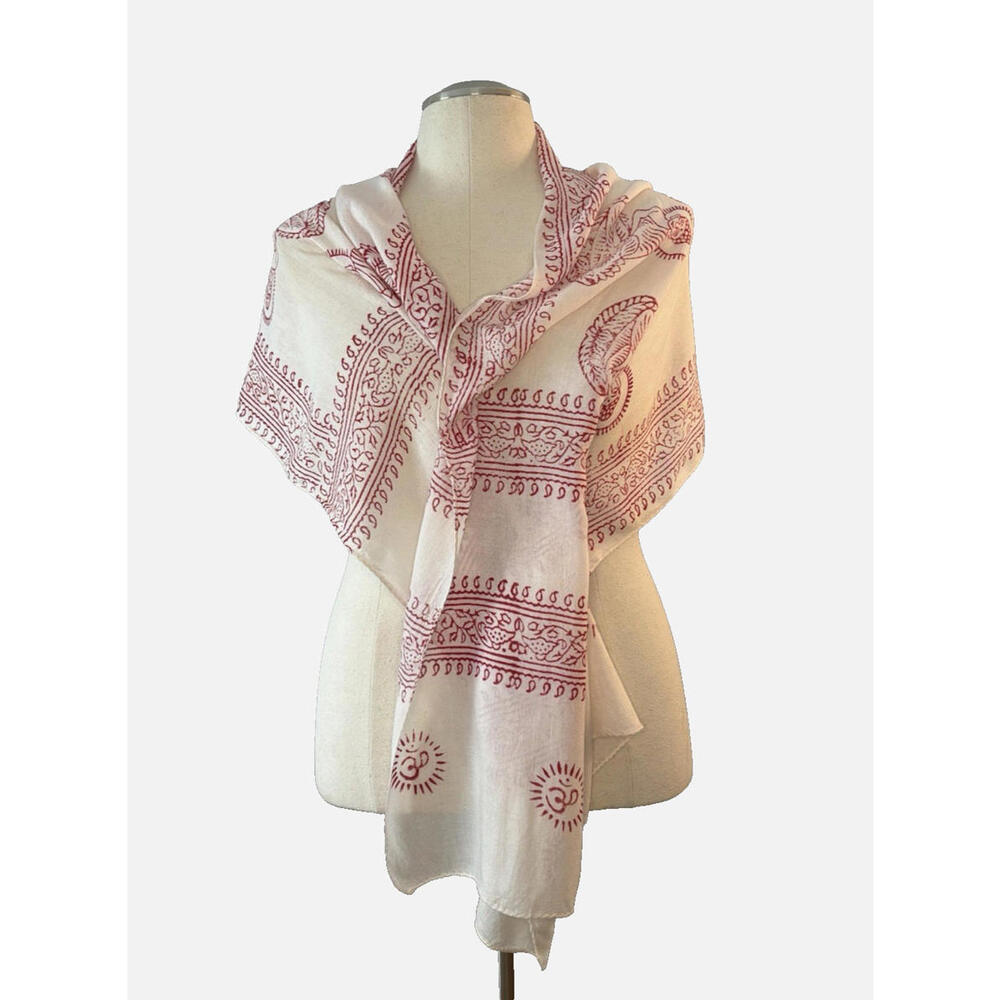 Indian Ohm Buddha Paisley Boho Shawl Wrap Scarf White Red 19"x76"